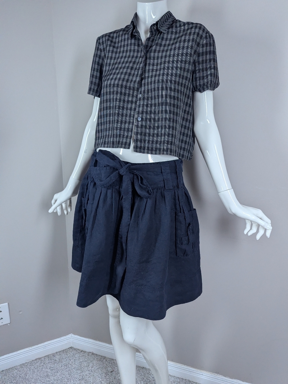 Sisley linen skirt navy tie waist mini skirt Italian 40 summer casual